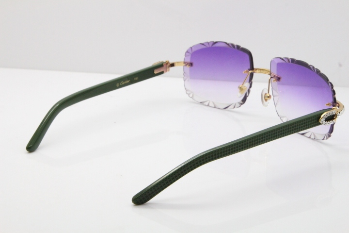 Cartier Rimless 8200762 Big Diamond Green Aztec Arms Sunglasses In Gold Purple Lens