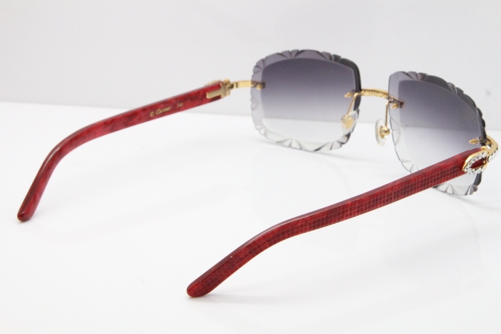 Cartier Rimless 8200762 Big Diamond Marble Red Aztec Arms Sunglasses In Gold Gray Lens