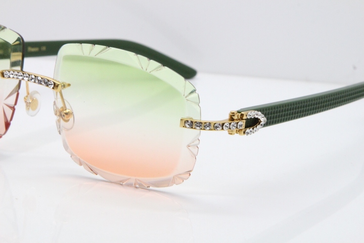 Cartier Rimless 8200762 Big Diamond Green Aztec Arms Sunglasses In Gold Green Brown Lens