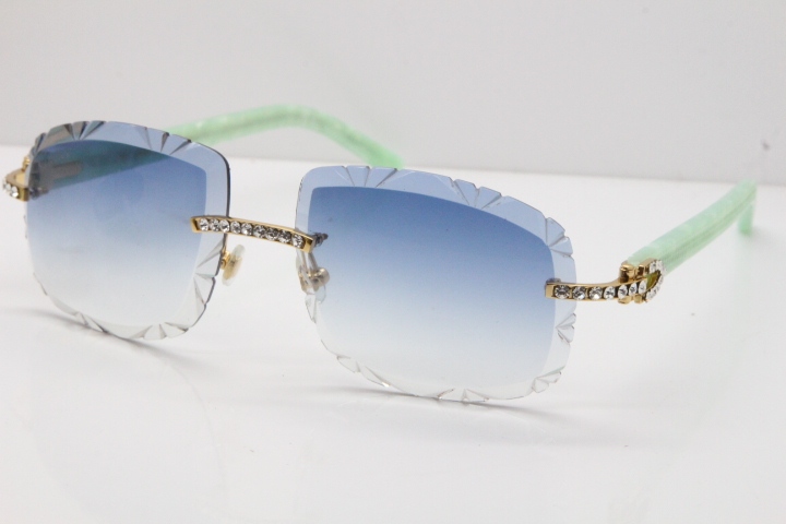 Cartier Rimless 8200762 Big Diamond Marble Green Aztec Arms Sunglasses In Gold Blue Lens 