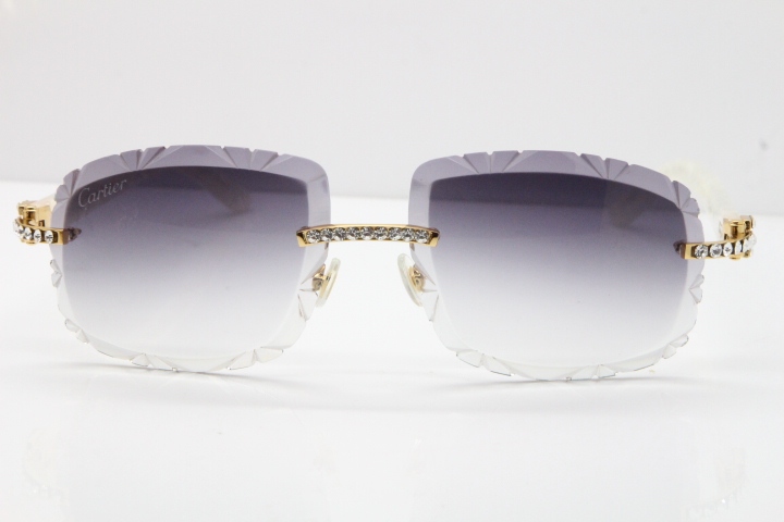 Cartier Rimless 8200762 Big Diamond Marble White Aztec Arms Sunglasses In Gold Gray Lens