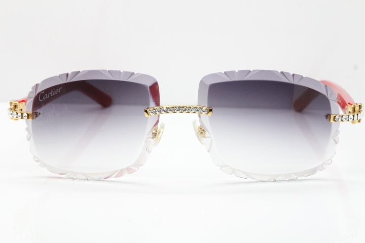 Cartier Rimless 8200762 Big Diamond Red Aztec Arms Sunglasses In Gold Gray Lens