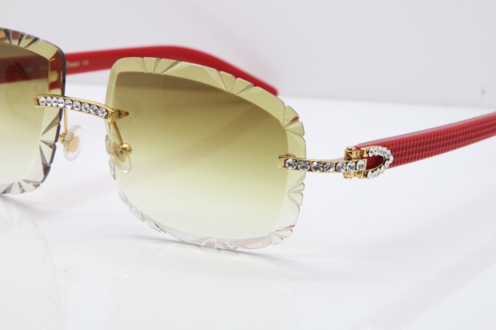 Cartier Rimless 8200762 Big Diamond Red Aztec Arms Sunglasses In Gold Brown Lens