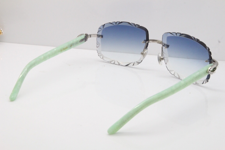 Cartier Rimless 8200762 Big Diamond Marble Green Aztec Arms Sunglasses In Gold Blue Lens 