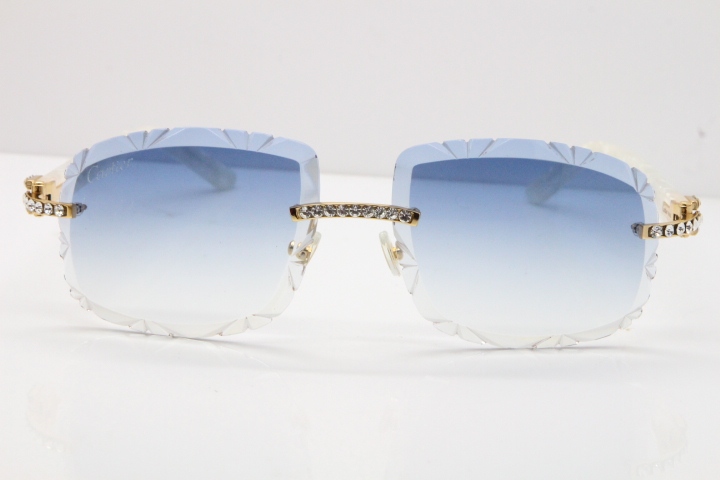 Cartier Rimless 8200762 Big Diamond Marble White Aztec Arms Sunglasses In Gold Blue Lens