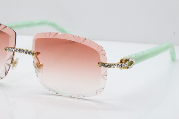Cartier Rimless 8200762 Big Diamond Marble Green Aztec Arms Sunglasses In Gold Pink Lens