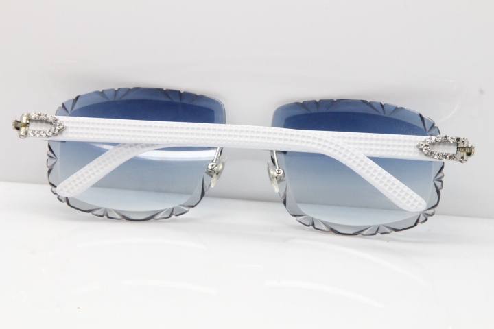 Cartier Rimless 8200762 Big Diamond White Aztec Arms Sunglasses In Gold Blue Lens 