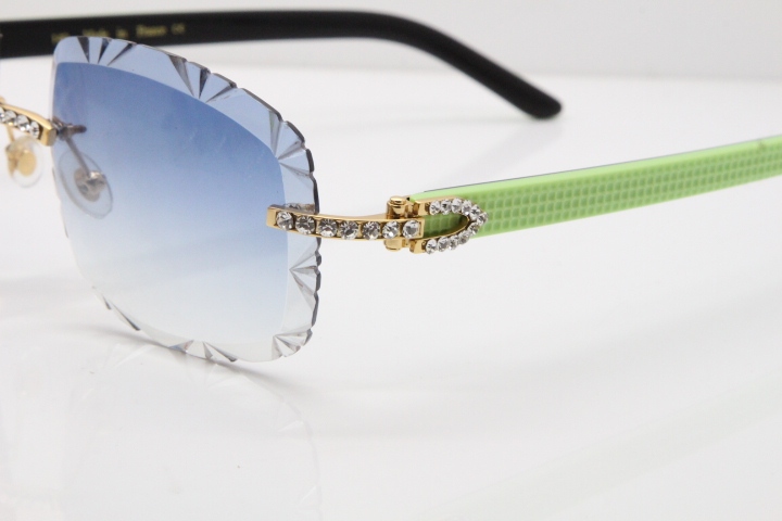 Cartier Rimless 8200762 Big Diamond Black Green Aztec Arms Sunglasses In Gold Blue Lens