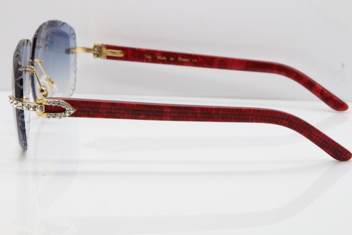 Cartier Rimless 8200762 Big Diamond Marble Red Aztec Arms Sunglasses In Gold Blue LensLens