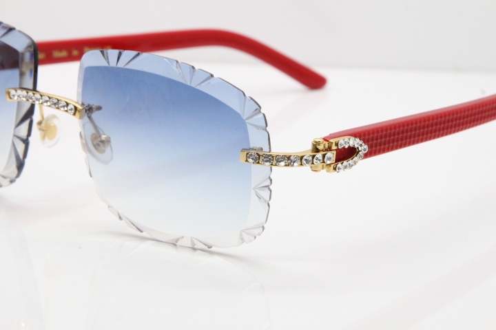 Cartier Rimless 8200762 Big Diamond Red Aztec Arms Sunglasses In Gold Blue Lens