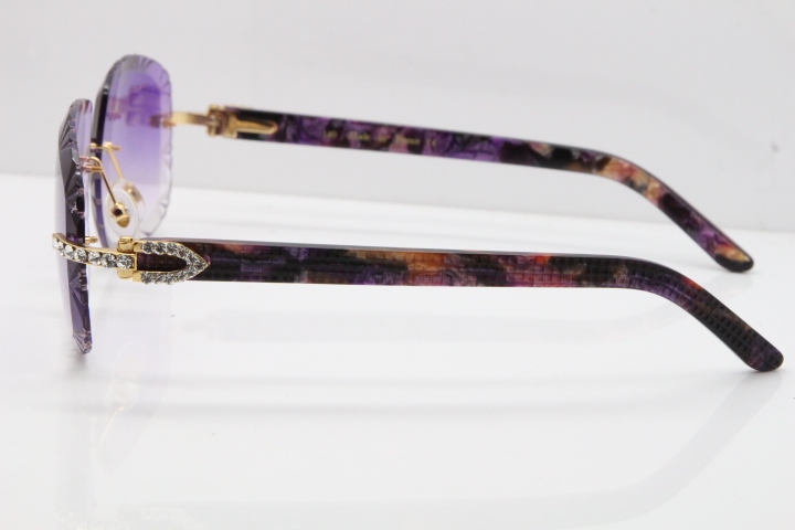 Cartier Rimless 8200762 Big Diamond Marble Purple Aztec Arms Sunglasses In Gold Purple Lens