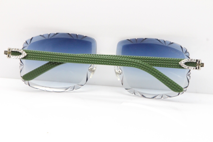 Cartier Rimless 8200762 Big Diamond Green Aztec Arms Sunglasses In Gold Blue Lens 