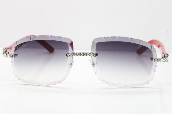 Cartier Rimless 8200762 Big Diamond Red Aztec Arms Sunglasses In Gold Gray Lens