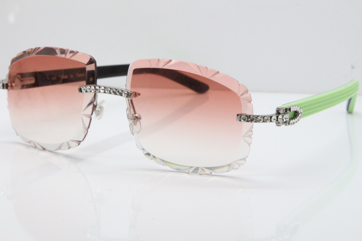 Cartier Rimless 8200762 Big Diamond Black Green Aztec Arms Sunglasses In Gold Pink Lens