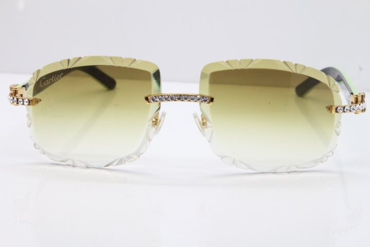 Cartier Rimless 8200762 Big Diamond Black Green Aztec Arms Sunglasses In Gold Brown Lens