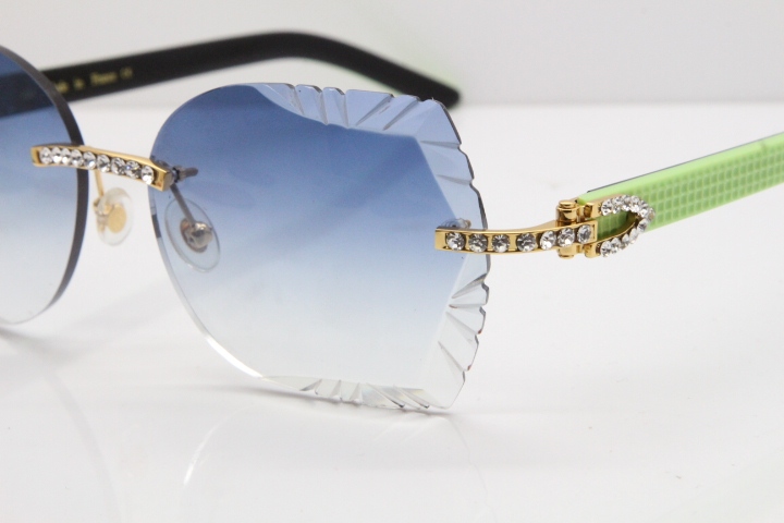 Cartier Rimless T8200762 Big Diamond Black Inside Green Aztec Arms Sunglasses In Gold Blue Lens 