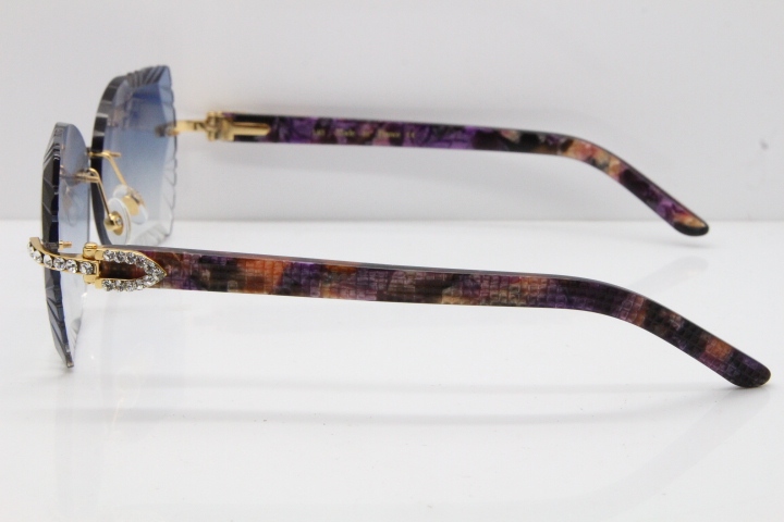 Cartier Rimless T8200762 Big Diamond Purple Aztec Arms Sunglasses In Gold Blue Lens