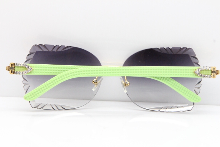 Cartier Rimless T8200762 Big Diamond Black Inside Green Aztec Arms Sunglasses In Gold Gray Lens 