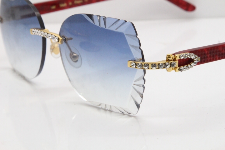 Cartier Rimless T8200762 Big Diamond Marble Red Aztec Arms Sunglasses In Gold Blue Lens