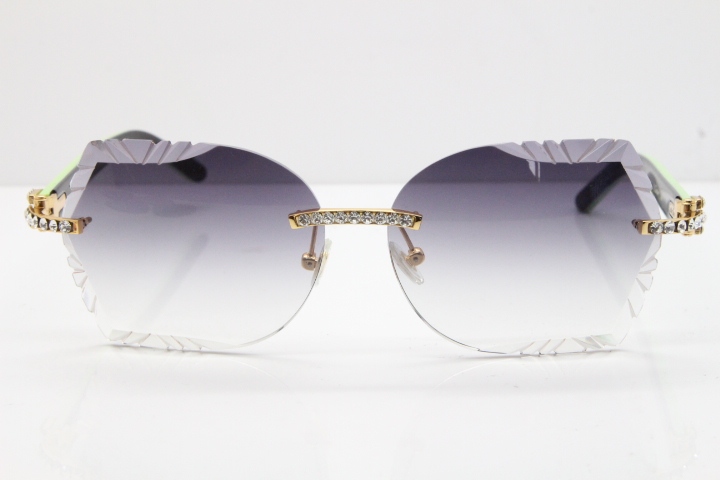 Cartier Rimless T8200762 Big Diamond Black Inside Green Aztec Arms Sunglasses In Gold Gray Lens 