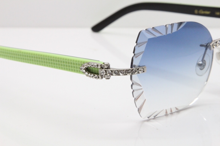 Cartier Rimless T8200762 Big Diamond Black Inside Green Aztec Arms Sunglasses In Gold Blue Lens 