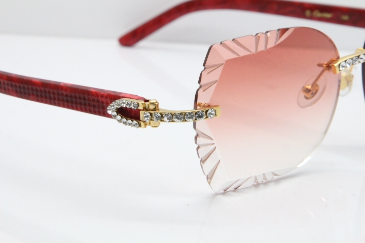 Cartier Rimless T8200762 Big Diamond Marble Red Aztec Arms Sunglasses In Gold Pink Lens