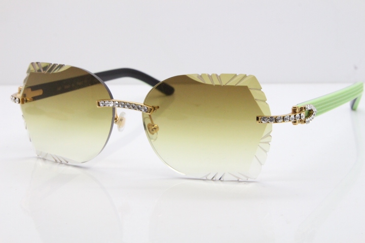 Cartier Rimless T8200762 Big Diamond Black Inside Green Aztec Arms Sunglasses In Gold Brown Lens 