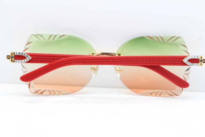 Cartier Rimless T8200762 Big Diamond Red Aztec Arms Sunglasses In Gold Green Brown Lens