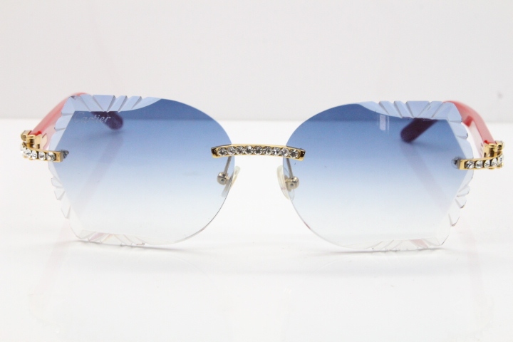 Cartier Rimless T8200762 Big Diamond Red Aztec Arms Sunglasses In Gold Blue Lens