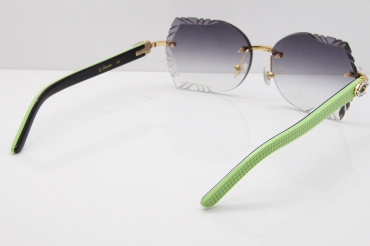 Cartier Rimless T8200762 Big Diamond Black Inside Green Aztec Arms Sunglasses In Gold Gray Lens 