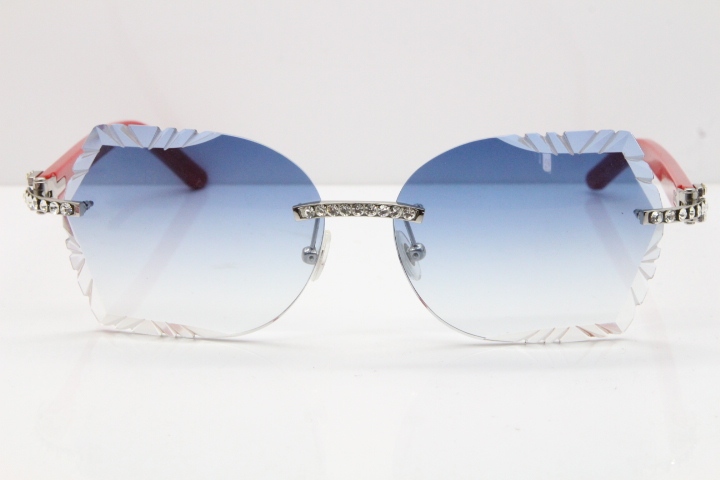 Cartier Rimless T8200762 Big Diamond Red Aztec Arms Sunglasses In Gold Blue Lens