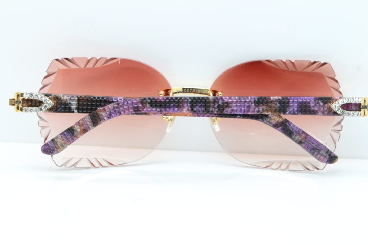 Cartier Rimless T8200762 Big Diamond Purple Aztec Arms Sunglasses In Gold Pink Lens