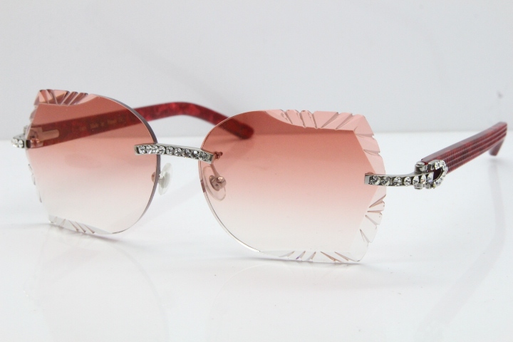 Cartier Rimless T8200762 Big Diamond Marble Red Aztec Arms Sunglasses In Gold Pink Lens