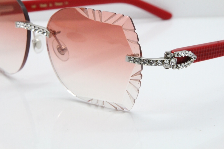 Cartier Rimless T8200762 Big Diamond Red Aztec Arms Sunglasses In Gold Pink Lens