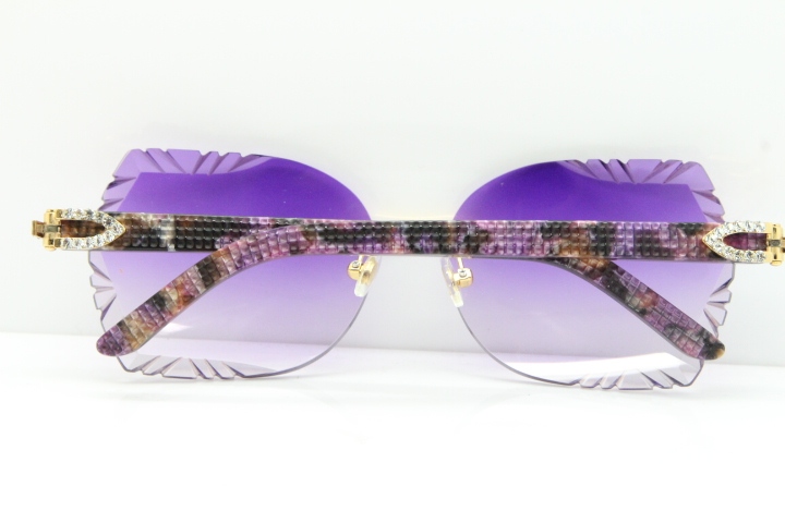 Cartier Rimless T8200762 Big Diamond Purple Aztec Arms Sunglasses In Gold Purple Lens