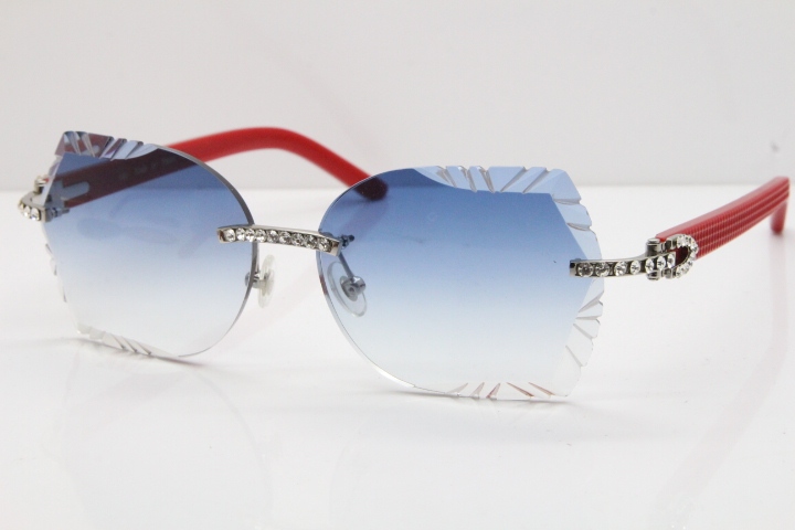 Cartier Rimless T8200762 Big Diamond Red Aztec Arms Sunglasses In Gold Blue Lens