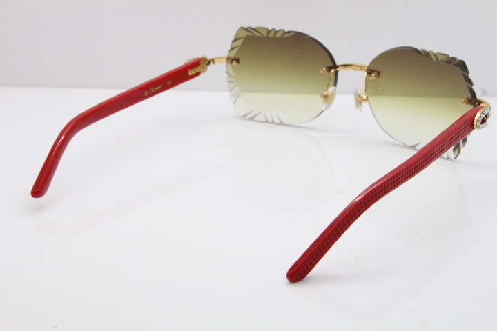 Cartier Rimless T8200762 Big Diamond Red Aztec Arms Sunglasses In Gold Brown Lens