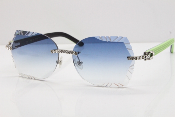 Cartier Rimless T8200762 Big Diamond Black Inside Green Aztec Arms Sunglasses In Gold Blue Lens 