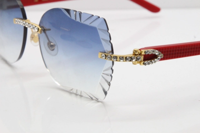 Cartier Rimless T8200762 Big Diamond Red Aztec Arms Sunglasses In Gold Blue Lens 