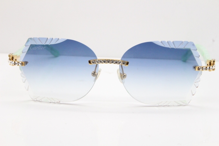 Cartier Rimless T8200762 Big Diamond Marble Green Aztec Arms Sunglasses In Gold Blue Lens