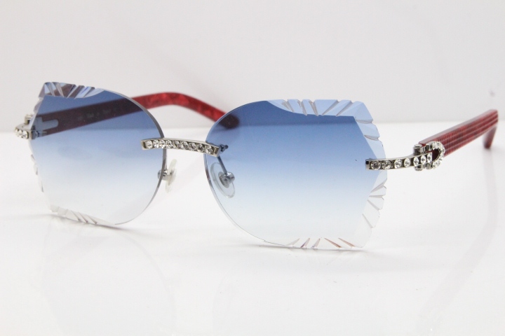 Cartier Rimless T8200762 Big Diamond Marble Red Aztec Arms Sunglasses In Gold Blue Lens