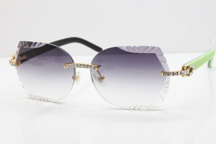 Cartier Rimless T8200762 Big Diamond Black Inside Green Aztec Arms Sunglasses In Gold Gray Lens 