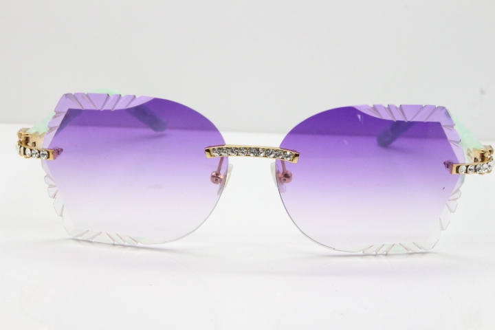 Cartier Rimless T8200762 Big Diamond Marble Green Aztec Arms Sunglasses In Gold Purple Lens