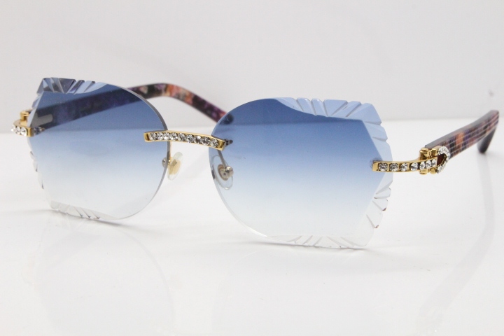 Cartier Rimless T8200762 Big Diamond Purple Aztec Arms Sunglasses In Gold Blue Lens