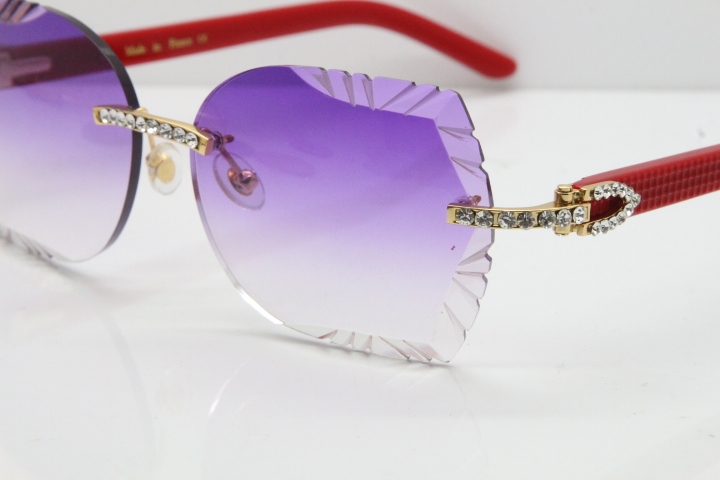 Cartier Rimless T8200762 Big Diamond Red Aztec Arms Sunglasses In Gold Purple Lens