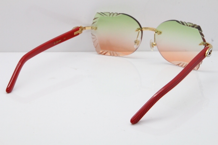 Cartier Rimless T8200762 Big Diamond Red Aztec Arms Sunglasses In Gold Green Brown Lens