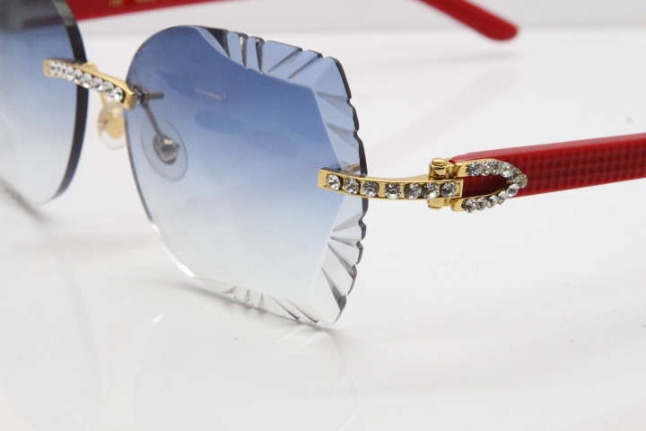 Cartier Rimless T8200762 Big Diamond Red Aztec Arms Sunglasses In Gold Blue Lens