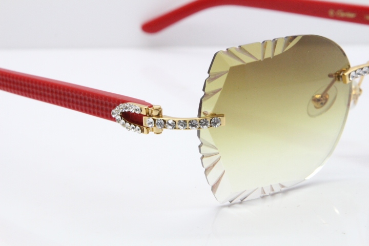 Cartier Rimless T8200762 Big Diamond Red Aztec Arms Sunglasses In Gold Brown Lens