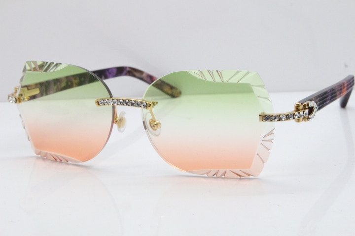 Cartier Rimless T8200762 Big Diamond Purple Aztec Arms Sunglasses In Gold Green Brown Lens