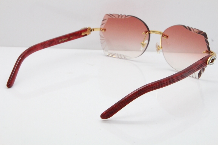 Cartier Rimless T8200762 Big Diamond Marble Red Aztec Arms Sunglasses In Gold Pink Lens